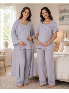 Effort Gri Müslin Kumaş %100 Pamuk Hamile Lohusa Pijama Takımı Sabahlık 3084